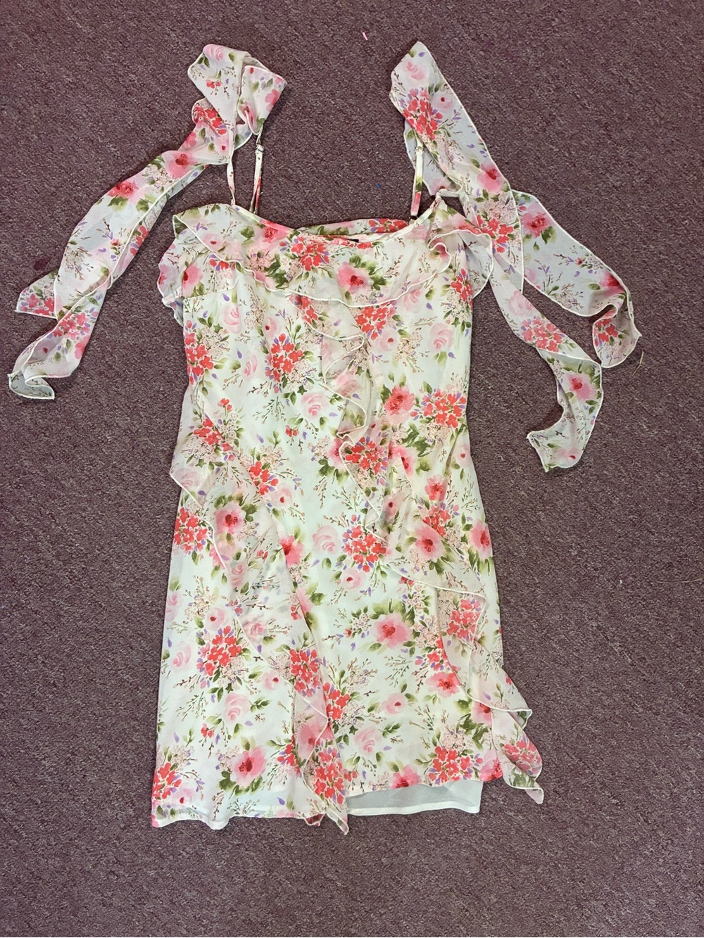 Forever 21 Floral Asymmetrical Ruffle Mini Dress - Pink/Green/Cream